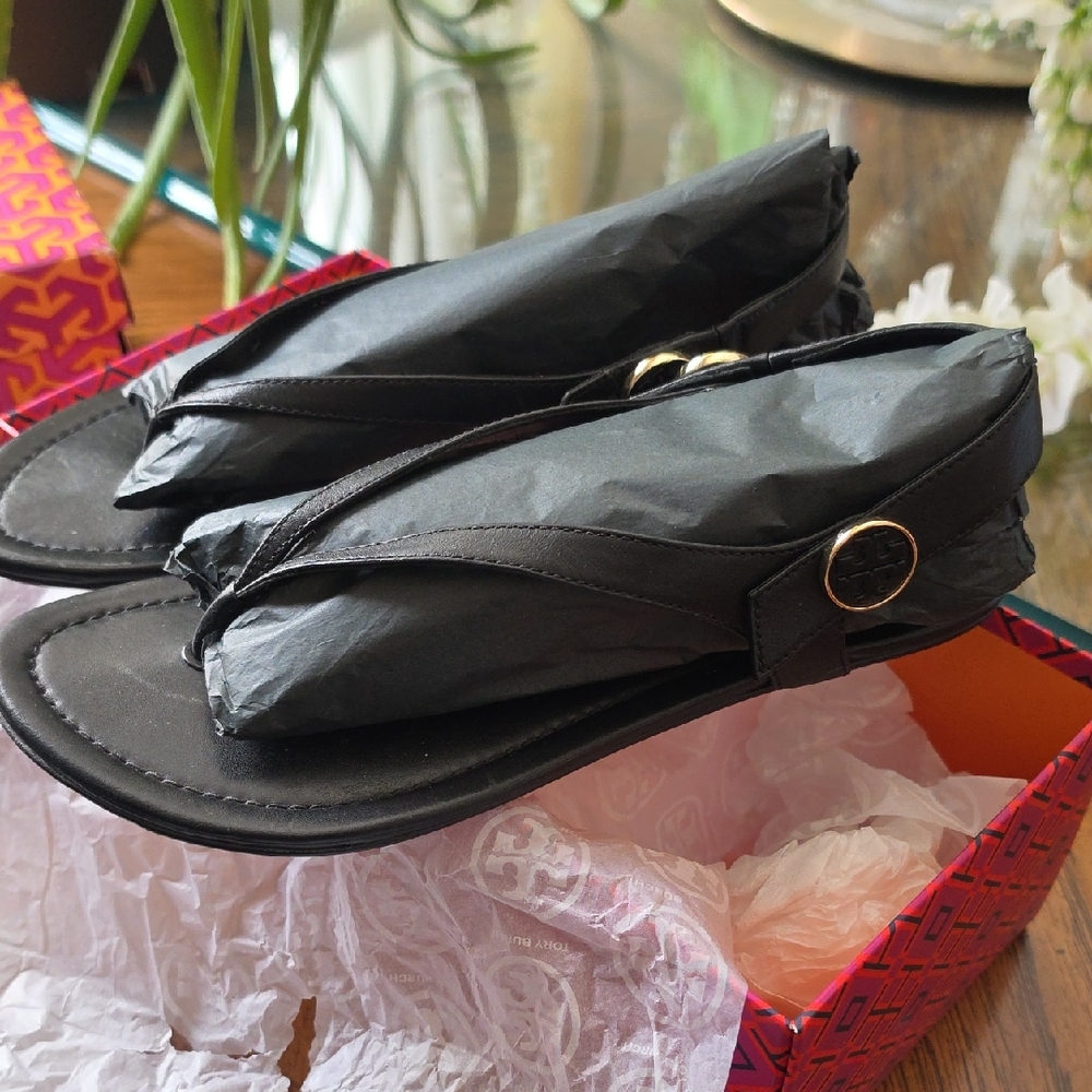 Tory Burch Black Thong Sandals with Gold Logo Accent